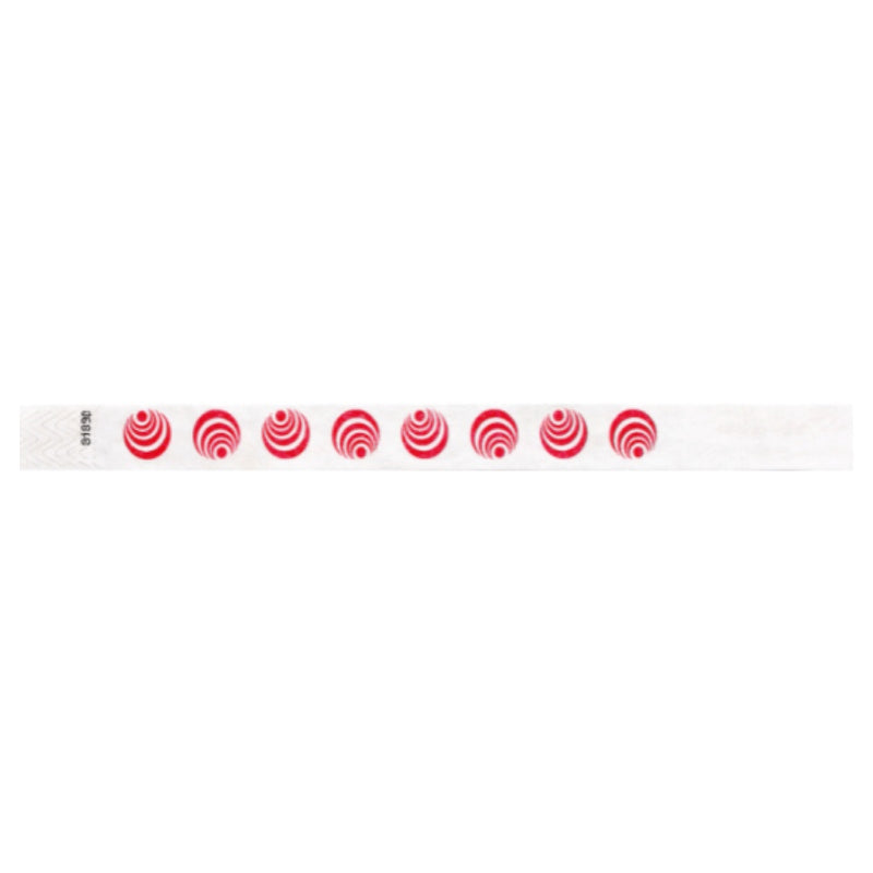 White tyvek wristband with neon red circular pattern - flat version shown