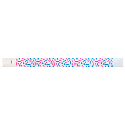 white tyvek wristband with neon pink and neon blue dots and lines - sprinkles - flat version shown
