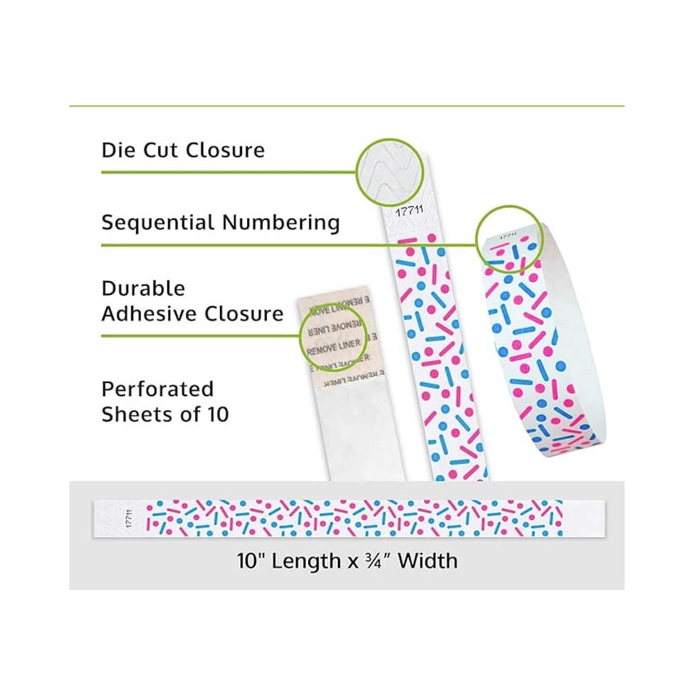sprinkles tyvek wristband detail product page showing the die cut adhesive closure, sequential numbering, perforated sheets of 10 and the dimensions.