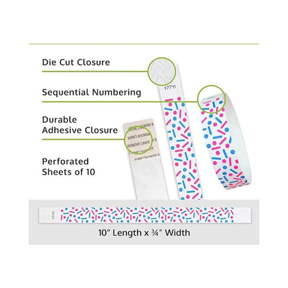 sprinkles tyvek wristband detail product page showing the die cut adhesive closure, sequential numbering, perforated sheets of 10 and the dimensions.