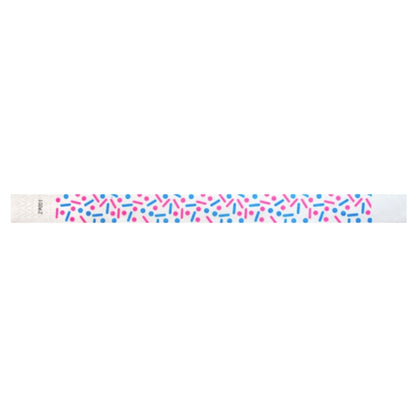 white tyvek wristband with neon pink and neon blue dots and lines - sprinkles - flat version shown