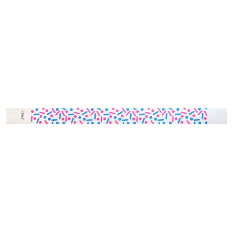white tyvek wristband with neon pink and neon blue dots and lines - sprinkles - flat version shown