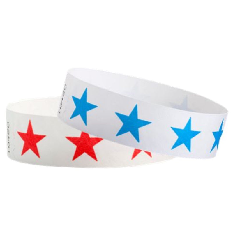 neon blue and neon red star pattern shown on two tyvek white wristbands