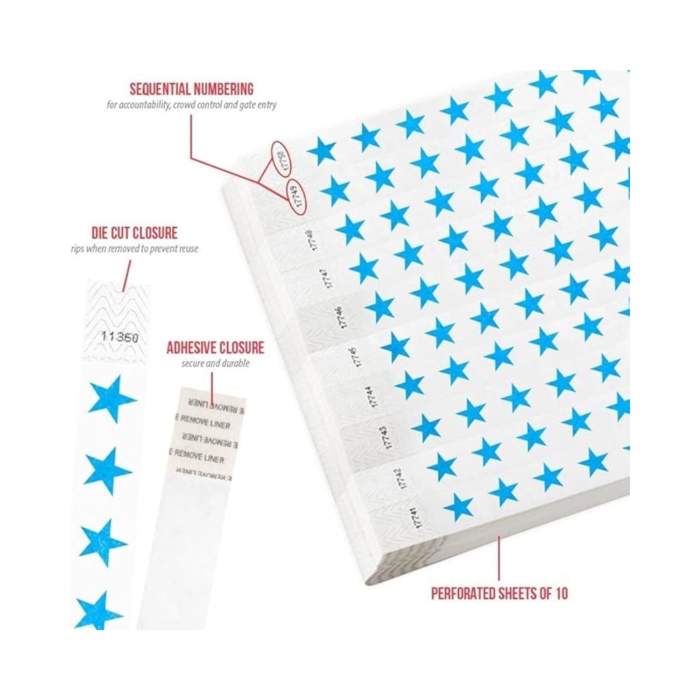 Blue stars specifications sheet, showing adhesive closure, sequental numberig, die cut closure and sheets of 10 