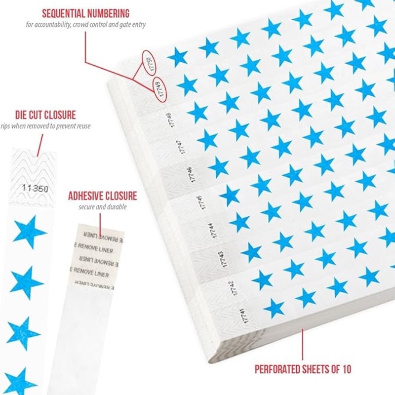 Sheets of tyvek wristbands with neon blue stars and text indicating features like sequential numbering and die cut closure.