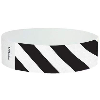 White tyvek wristband with black diagonal stripes - round version shown