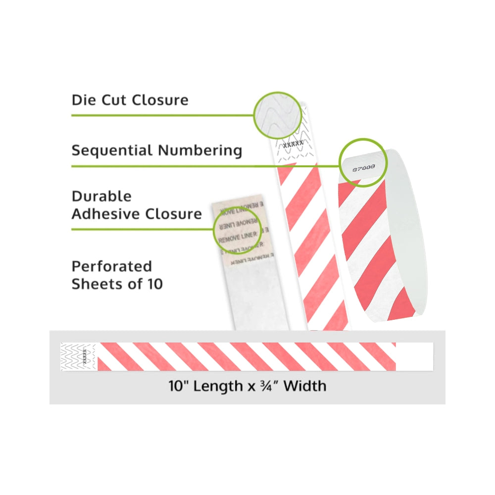 Product packaging with die cut closure, sequential numbering, durable adhesive closure, and perforated sheets of 10; shown with white tyvek wristbands and a coral red diagonal stripe pattern