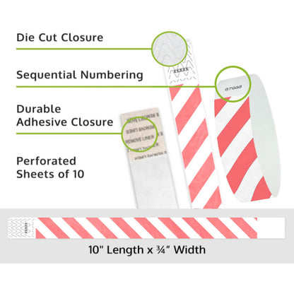 Product packaging with die cut closure, sequential numbering, durable adhesive closure, and perforated sheets of 10; shown with white tyvek wristbands and a coral red diagonal stripe pattern