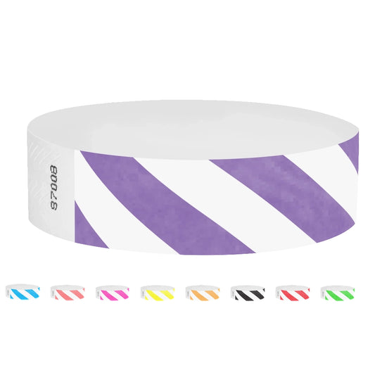tyvek 3/4" wristbands - stripe pattern in purple, neon blue, coral red, neon pink, neon yellow, neon orange, black, neon red and neon green.
