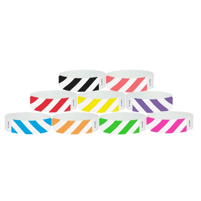 stripe patterned wristbands shown in black, coral red, neon red, neon yellow, purple, neon blue, neon orange, neon green and neon pink colours