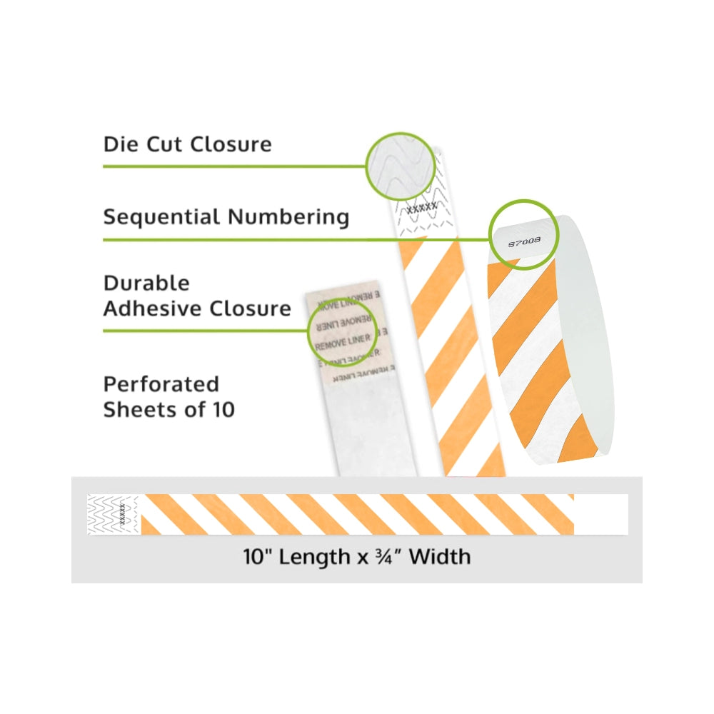 Product packaging with die cut closure, sequential numbering, durable adhesive closure, and perforated sheets of 10; shown with white tyvek wristbands and a neon orange diagonal stripe pattern