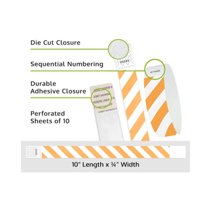 Product packaging with die cut closure, sequential numbering, durable adhesive closure, and perforated sheets of 10; shown with white tyvek wristbands and a neon orange diagonal stripe pattern