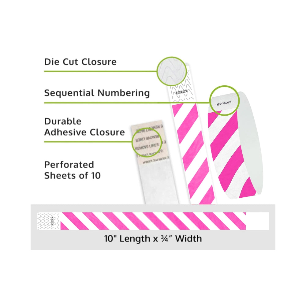 Product packaging with die cut closure, sequential numbering, durable adhesive closure, and perforated sheets of 10; shown with white tyvek wristbands and a neon pink diagonal stripe pattern