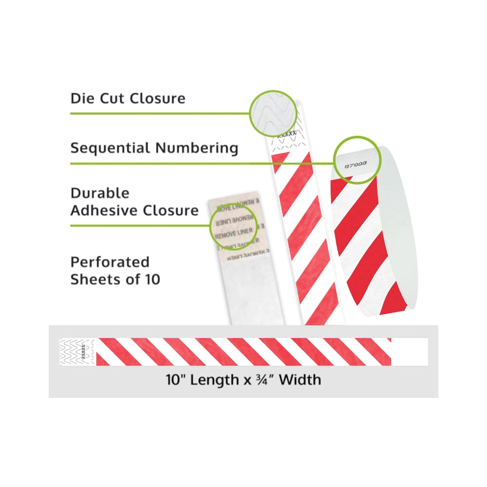 Product packaging with die cut closure, sequential numbering, durable adhesive closure, and perforated sheets of 10; shown with white tyvek wristbands and a neon red diagonal stripe pattern