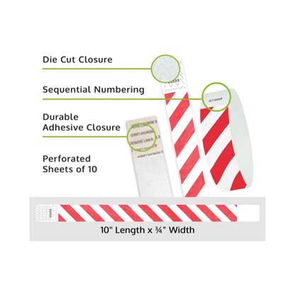 Product packaging with die cut closure, sequential numbering, durable adhesive closure, and perforated sheets of 10; shown with white tyvek wristbands and a neon red diagonal stripe pattern