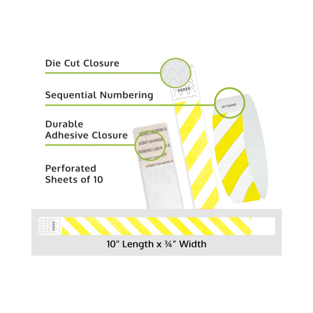 Product packaging with die cut closure, sequential numbering, durable adhesive closure, and perforated sheets of 10; shown with white tyvek wristbands and a neon yellow diagonal stripe pattern