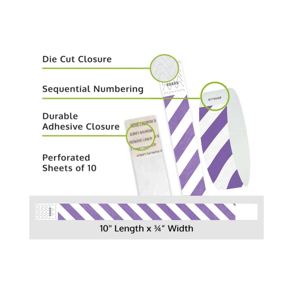 Product packaging with die cut closure, sequential numbering, durable adhesive closure, and perforated sheets of 10; shown with white tyvek wristbands and a purple diagonal stripe pattern