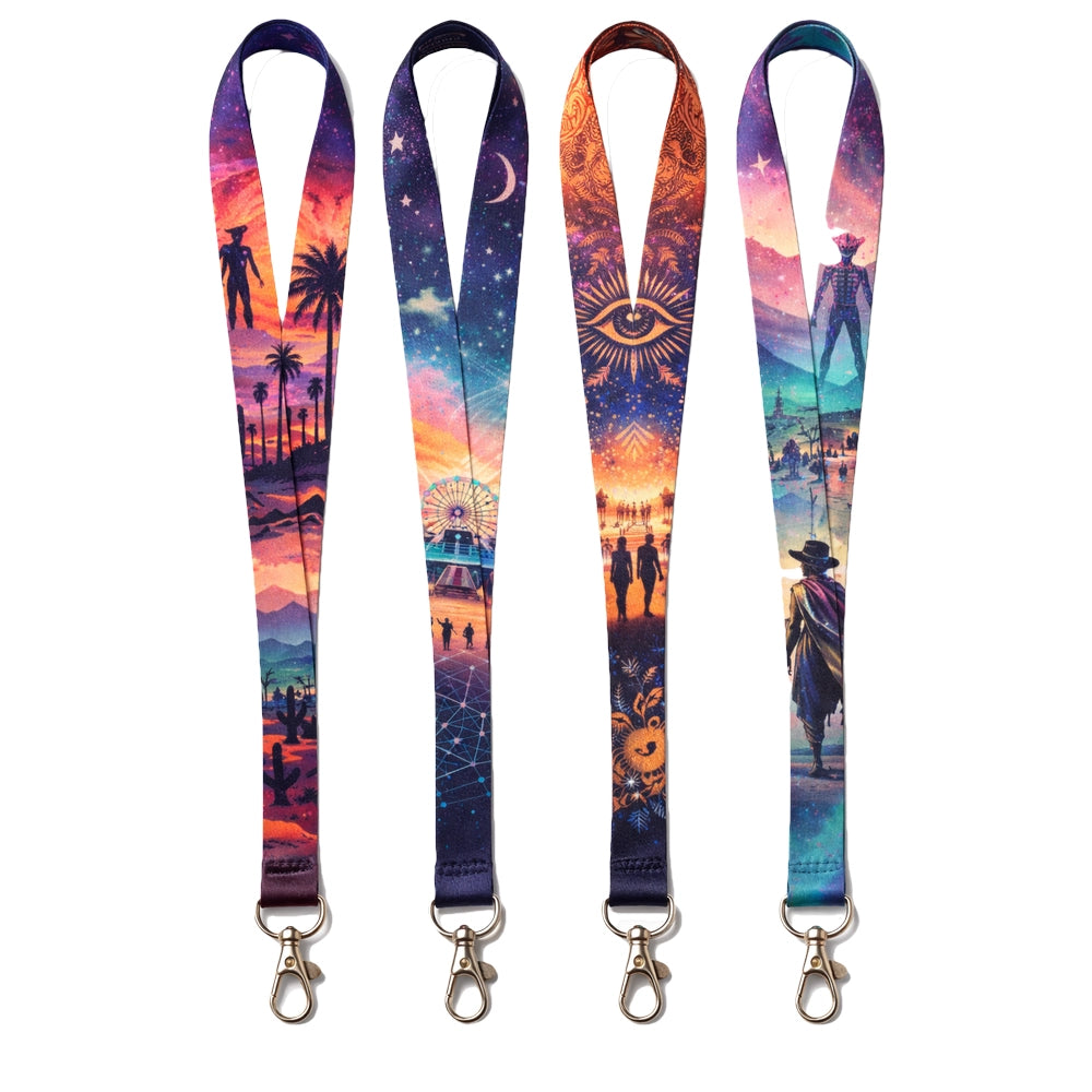 Four colourful polyester sublimation lanyards with artistic designs 