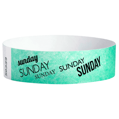 aqua tyvek wristband with sunday text in black ink - round version shown