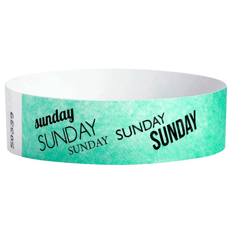 aqua tyvek wristband with sunday text in black ink - round version shown