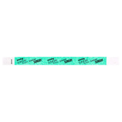 aqua tyvek wristband with sunday text in black ink repeated
