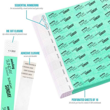Product packaging with die cut closure, sequential numbering, durable adhesive closure, and perforated sheets of 10; shown in an aqua tyvek wristband with black sunday text repeated