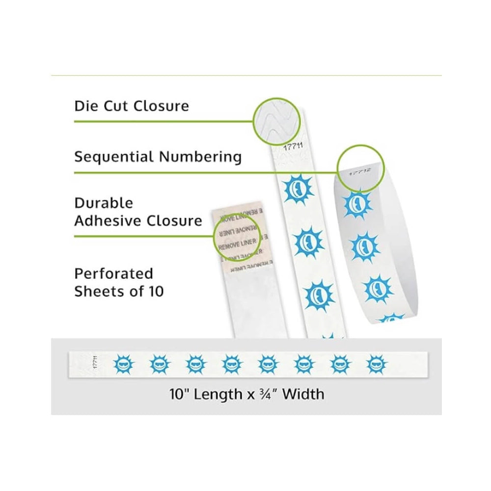 Product packaging with die cut closure, sequential numbering, durable adhesive closure, and perforated sheets of 10; shown with a white tyvek wristbands with neon blue sun pattern