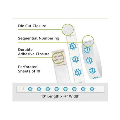 Product packaging with die cut closure, sequential numbering, durable adhesive closure, and perforated sheets of 10; shown with a white tyvek wristbands with neon blue sun pattern