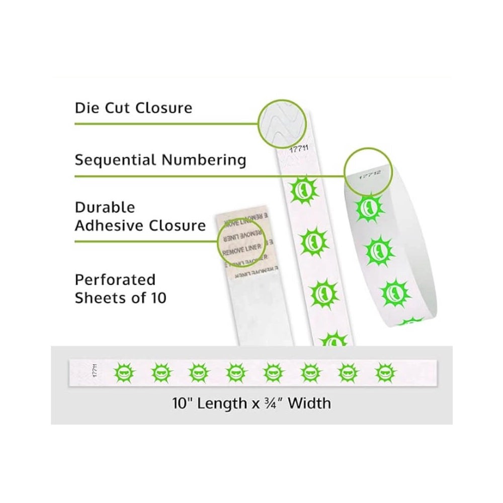 Product packaging with die cut closure, sequential numbering, durable adhesive closure, and perforated sheets of 10; shown with a white tyvek wristbands with neon green sun pattern