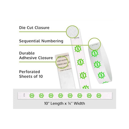 Product packaging with die cut closure, sequential numbering, durable adhesive closure, and perforated sheets of 10; shown with a white tyvek wristbands with neon green sun pattern