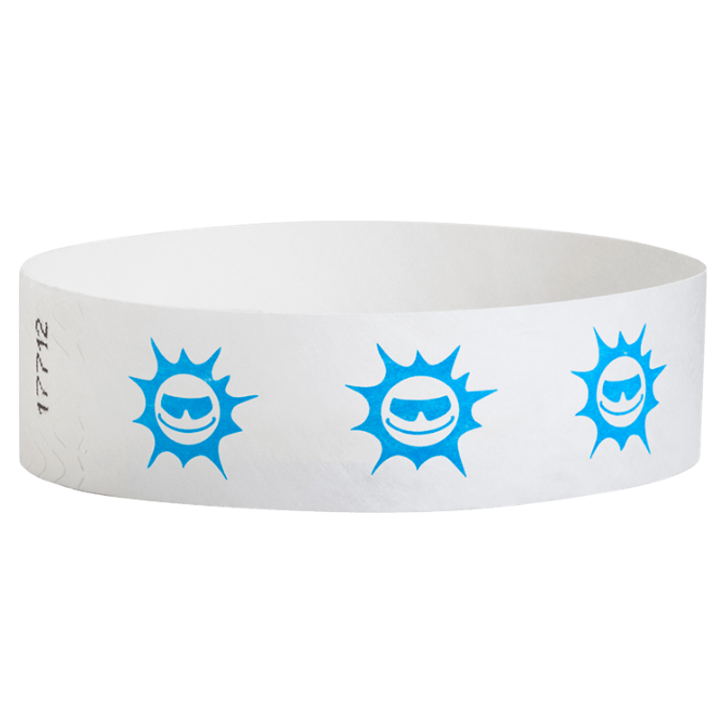 White wristband with blue sun happyface design on a white background