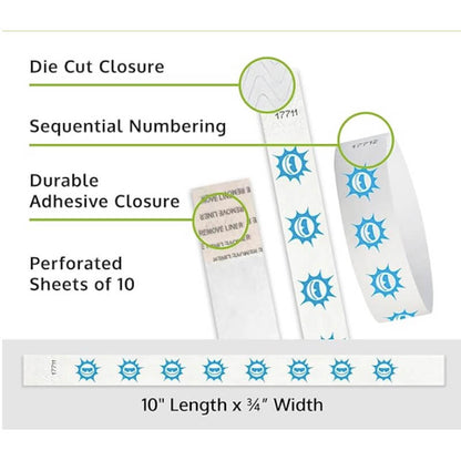 Product packaging with die cut closure, sequential numbering, durable adhesive closure, and perforated sheets of 10; shown with a white tyvek wristbands with neon blue sun pattern