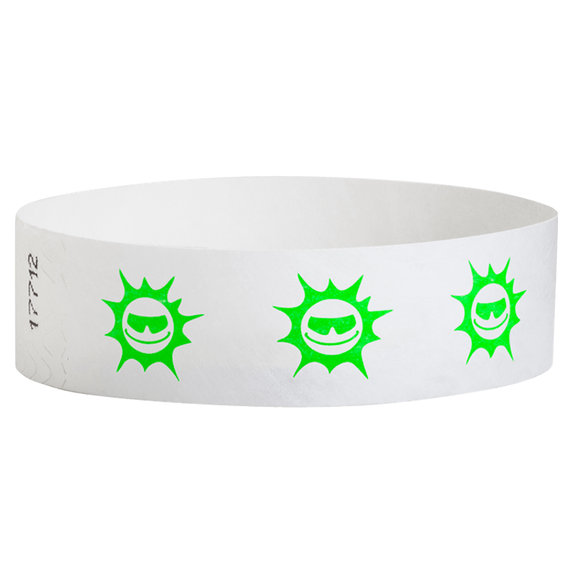 White wristband with neon green happyface suns on a white background