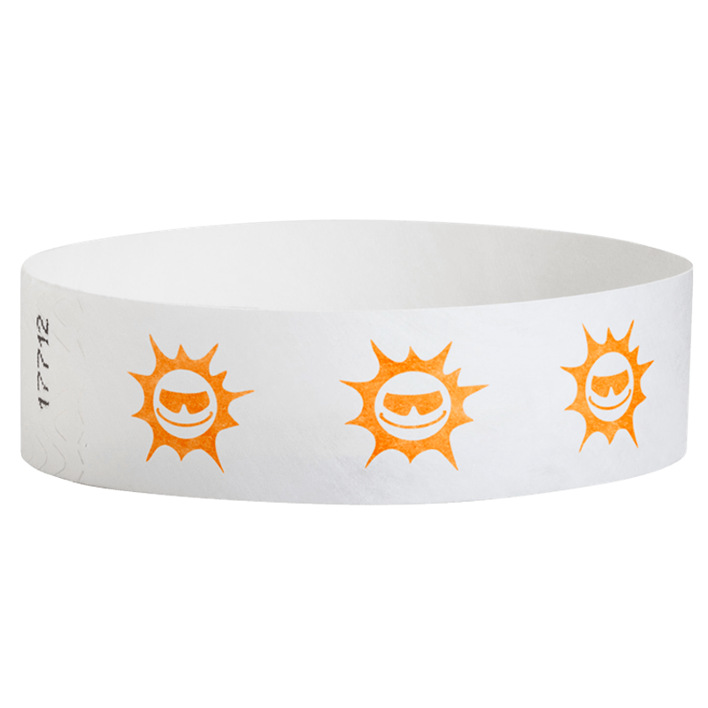 White wristband with neon orange happyface suns 