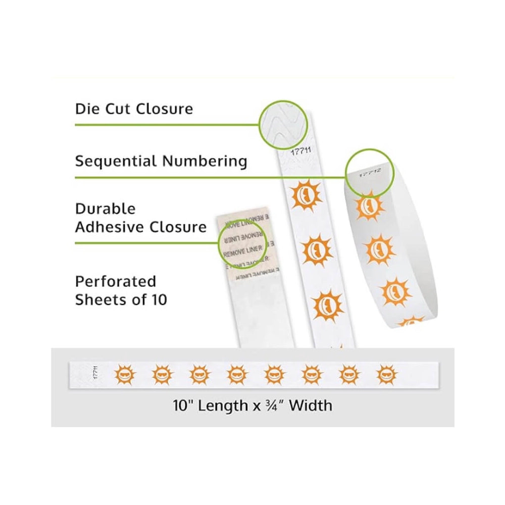 Product packaging with die cut closure, sequential numbering, durable adhesive closure, and perforated sheets of 10; shown with a white tyvek wristbands with neon orange sun pattern