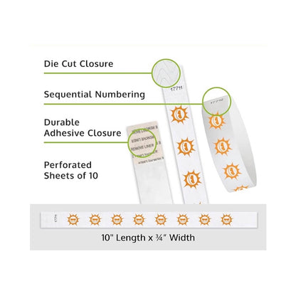Product packaging with die cut closure, sequential numbering, durable adhesive closure, and perforated sheets of 10; shown with a white tyvek wristbands with neon orange sun pattern