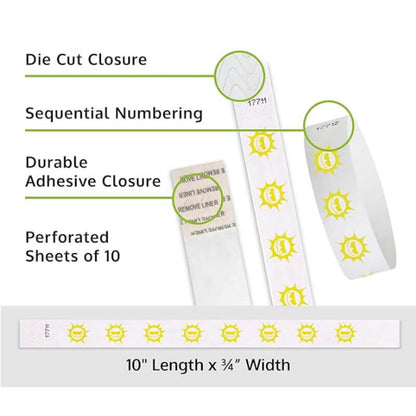 Product packaging with die cut closure, sequential numbering, durable adhesive closure, and perforated sheets of 10; shown with a white tyvek wristbands with pantone yellow sun pattern