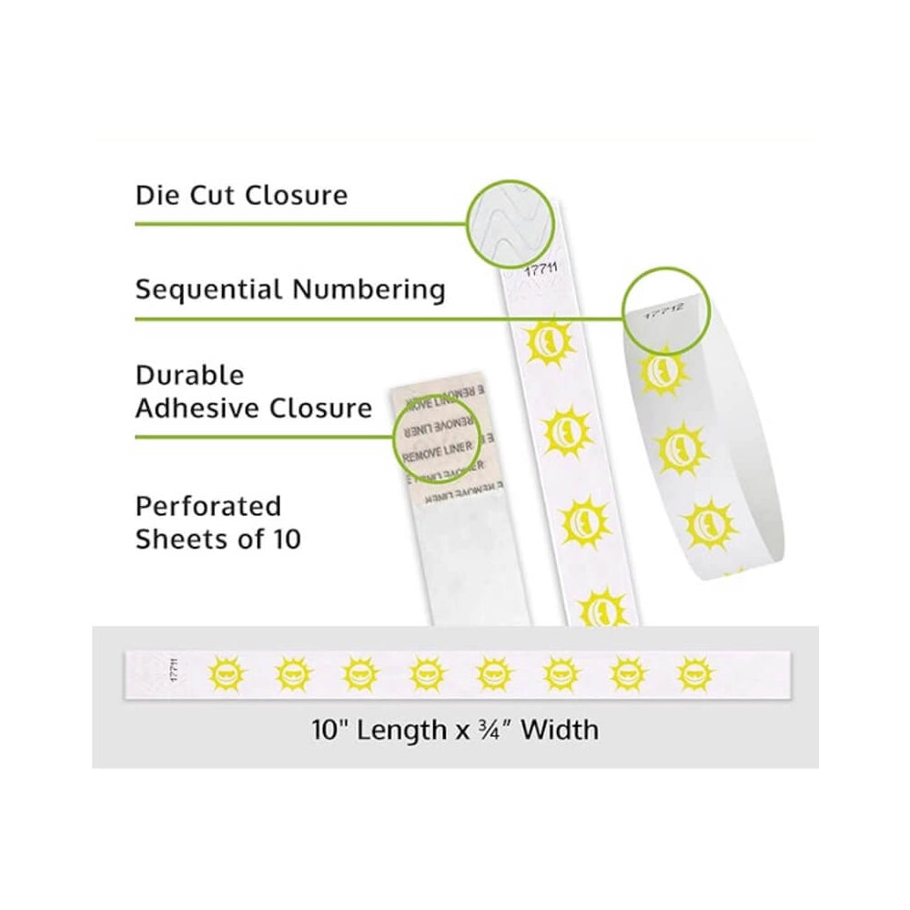 Product packaging with die cut closure, sequential numbering, durable adhesive closure, and perforated sheets of 10; shown with a white tyvek wristbands with pantone green sun pattern