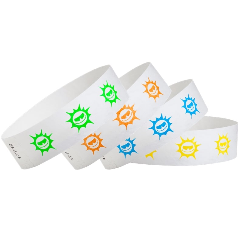 sun pattern shown on a white tyvek wristband in neon green, neon orange, neon blue and pantone yellow