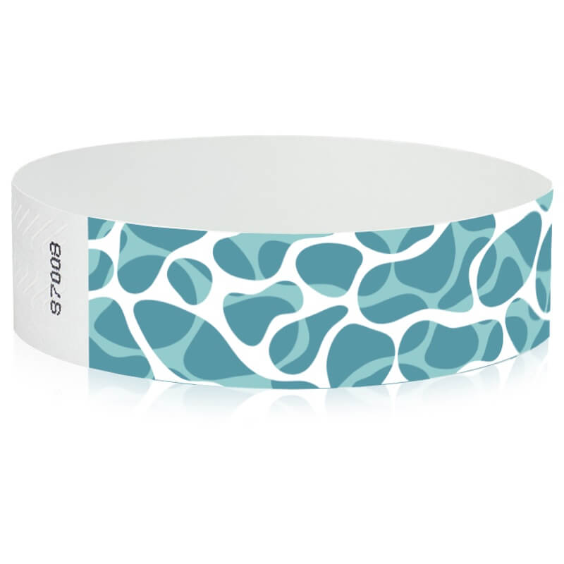 white tyvek wristband with blue pattern to look like a swimming pool line - round version shown