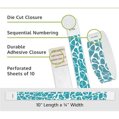 swimming pool  tyvek wristband detail product page showing the die cut adhesive closure, sequential numbering, perforated sheets of 10 and the dimensions.