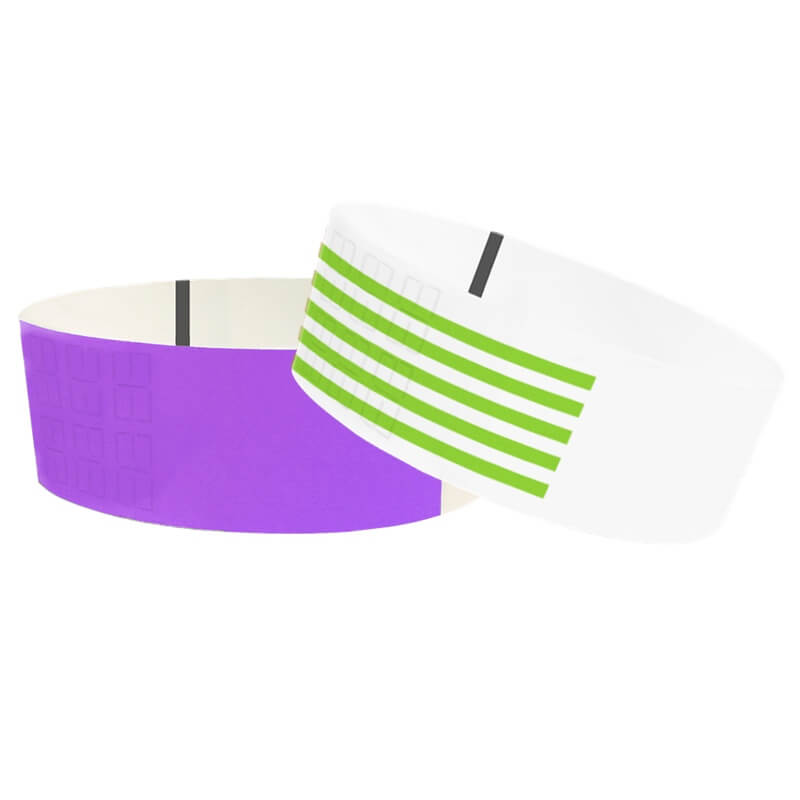 Thermal Wristbands shown in purple and neon green stripes