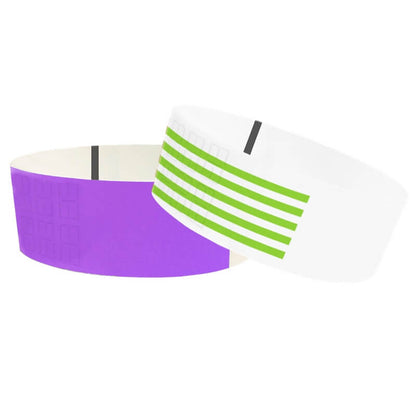 Thermal Wristbands shown in purple and neon green stripes