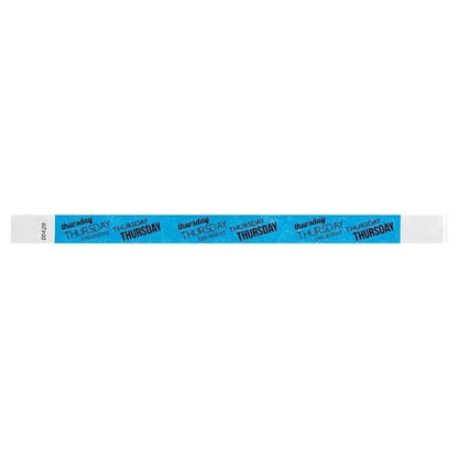 neon blue tyvek wristband with thursday  text in black ink repeated