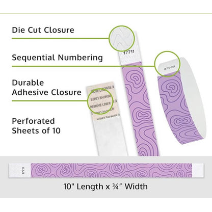 Product packaging with die cut closure, sequential numbering, durable adhesive closure, and perforated sheets of 10; shown with a berry tyvek wristband with a purple topographical map pattern