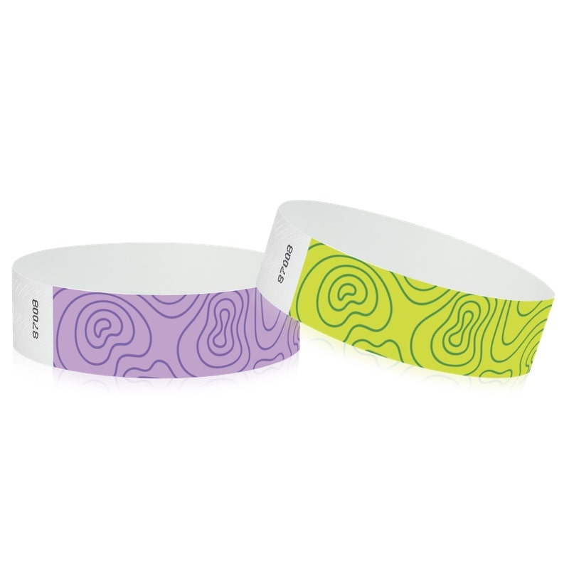 berry wristbands and lime green wristbands with a topographic map pattern