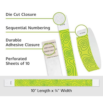 Product packaging with die cut closure, sequential numbering, durable adhesive closure, and perforated sheets of 10; shown with a lime green tyvek wristband with a kelly green topographical map pattern