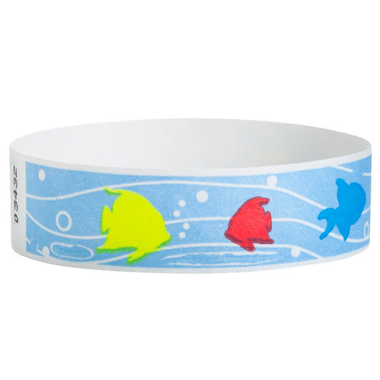 sky blue tyvek wristband with neon blue, neon red and neon yellow fish - round version shown