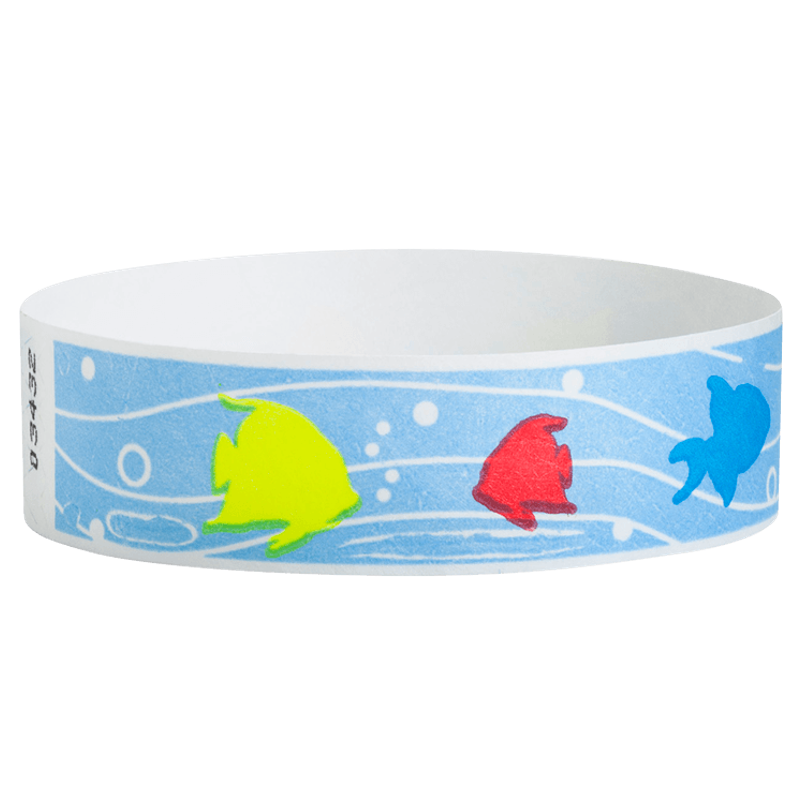 Wristband with colourful fish design in yellow, red & dark blue on a light blue background