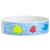 Wristband with colourful fish design in yellow, red & dark blue on a light blue background
